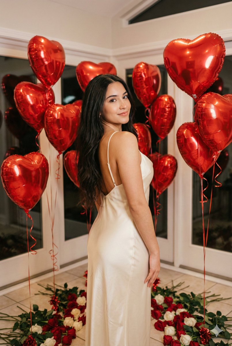 Romantik Kadın Portresi Kalpli Balonlarla